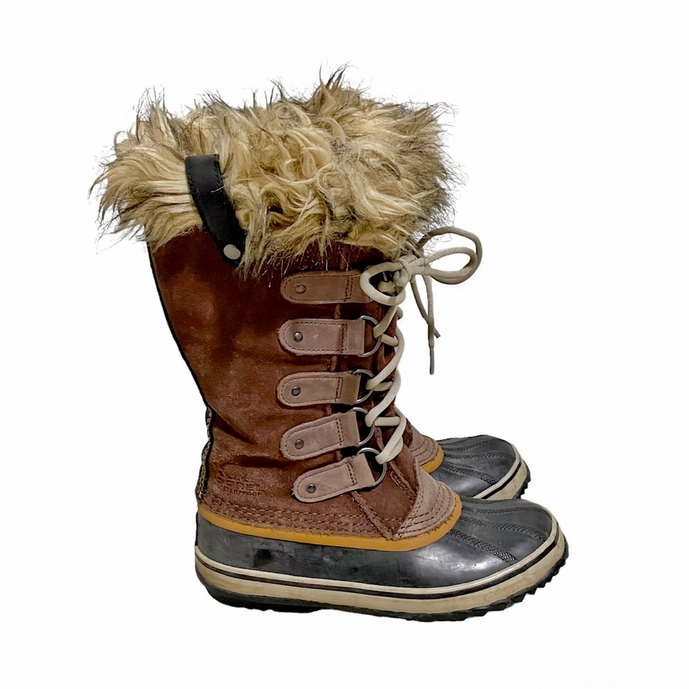 Sorel Joan Of Arctic Waterproof Lace Up Faux Fur Boots Brown/Tan Suede size 6